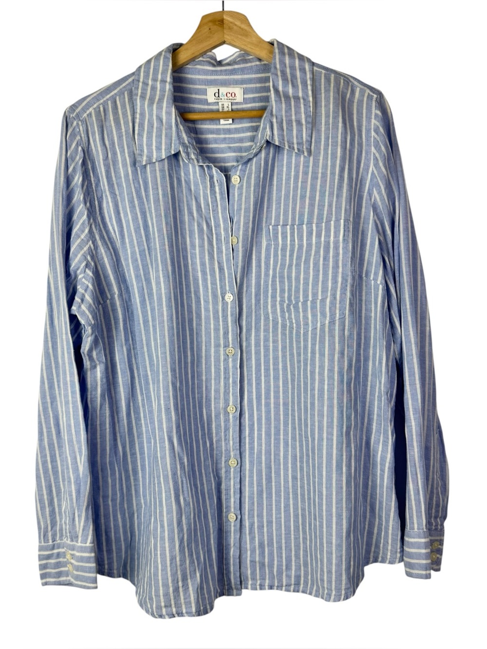 Denim&Co Light Blue & White Stripe Long Sleeve Button Down L